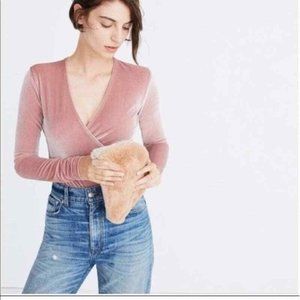 Madewell Pink Velvet Bodysuit Size XS Womens Snap Crotch Long Sleeve V-Neck NEW